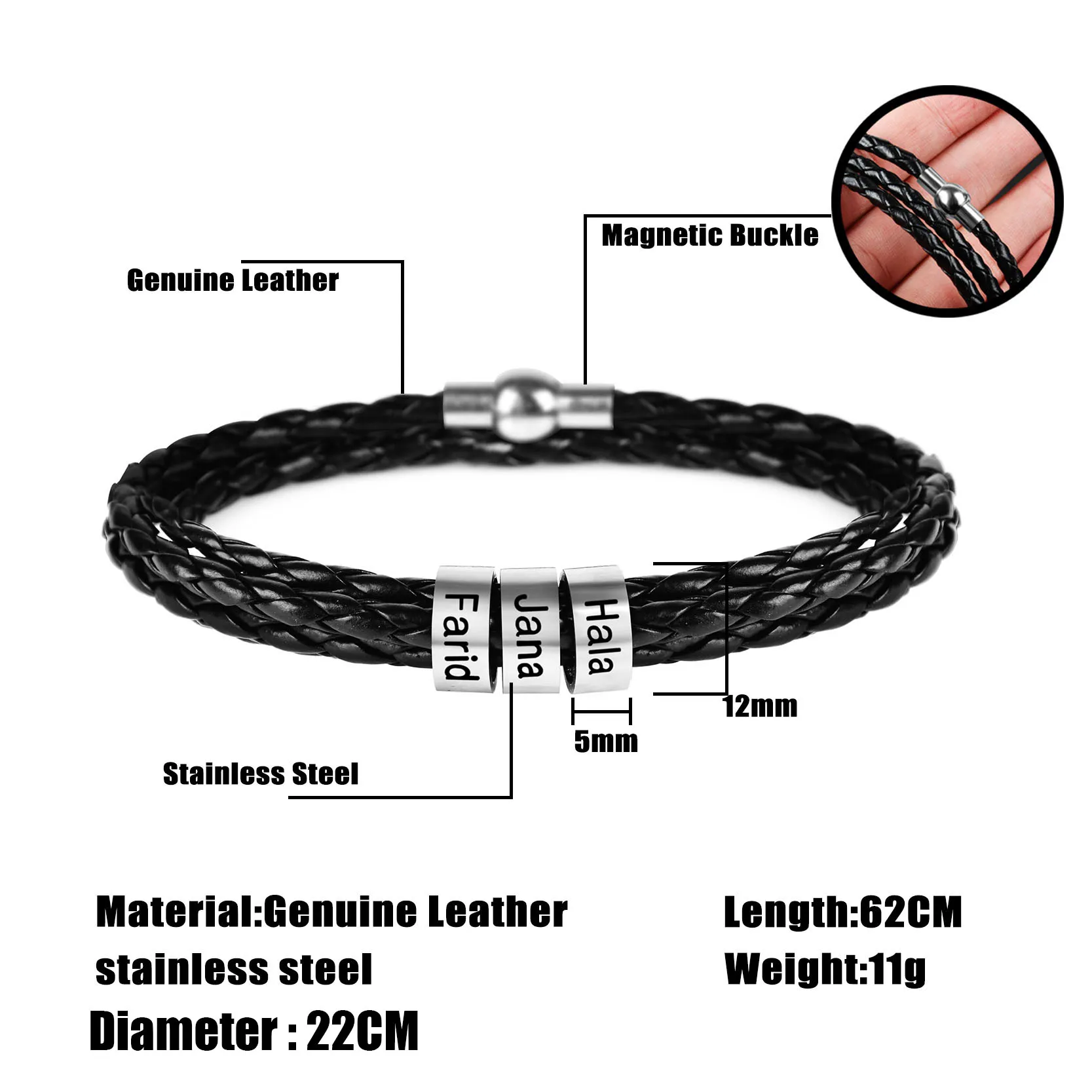 Customizable Stainless Steel Mens Leather Charm Bracelet With