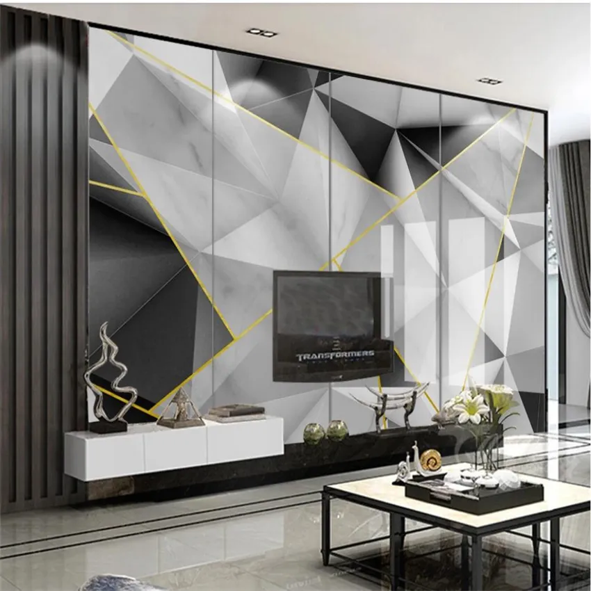 3D обои современные простые трехмерные геометрические золотые линии серый и белый мраморный телевизор фоновая стена