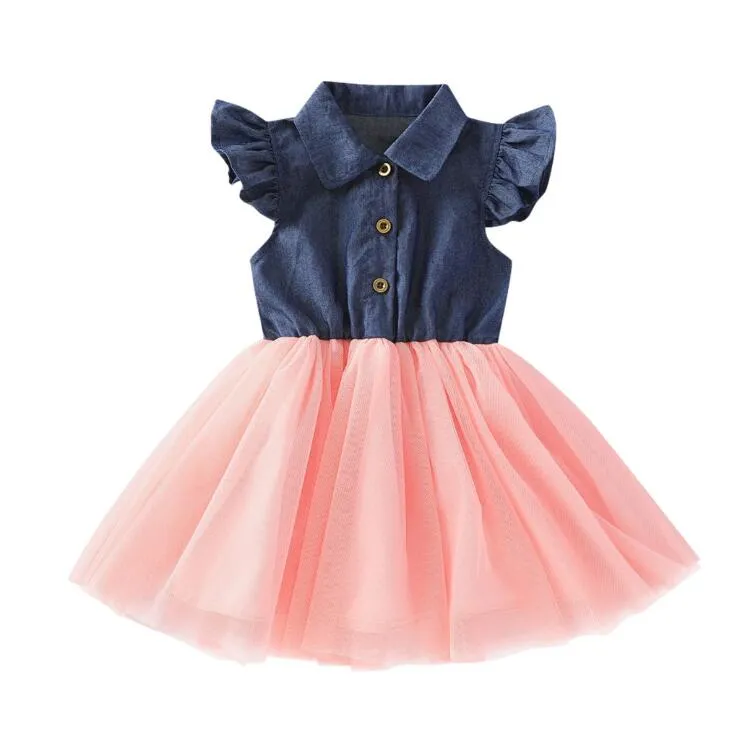 Bebek Elbise Prenses Elbiseler Fly Kollu Tekstil Yaz Kovboy Net İplik Ekleme Tek Parça Tatlı Ve Güzel Kız Giysileri WMQ695