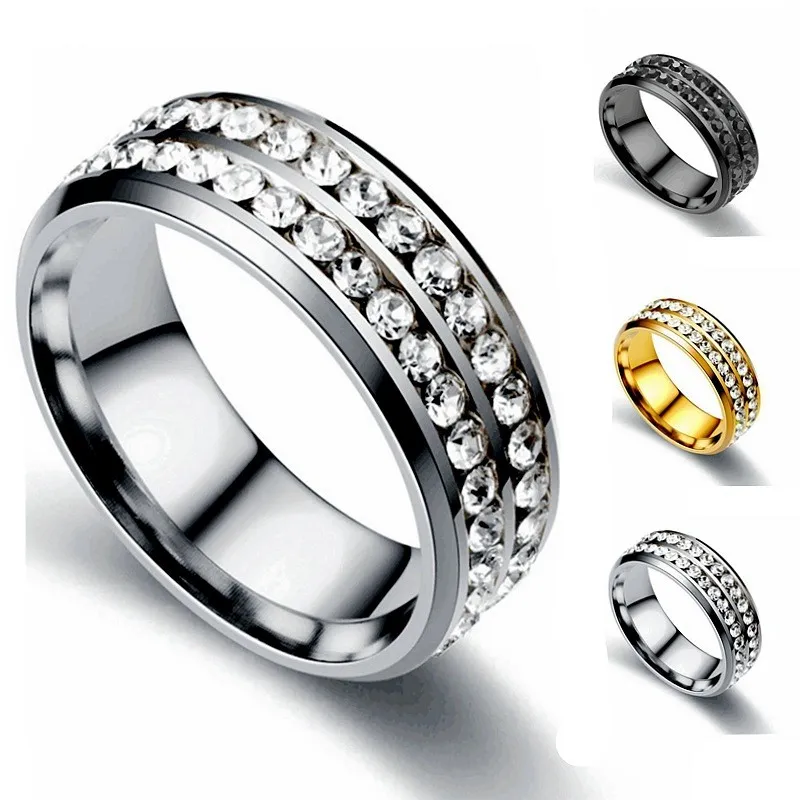 Fashion Design Stainless Steel Double Rows Diamond Ring Jewelry for Gift Wholesale