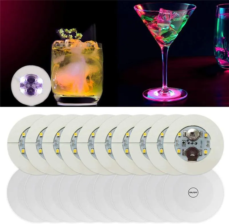 Untersetzer LED Neuheit Beleuchtung 6 cm 4 LEDs Glow Bottle Lights Fantasy Aufkleber Coaster Discs Lampe Für Weihnachtsfeier Hochzeit Bar Decor