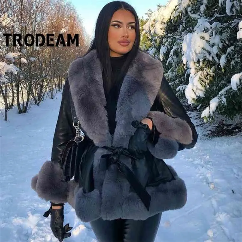 TRODEAM Women's Winter Leather Jacket Stitching Faux Fur Collar Cuff Coat Belt Slim Elegant Warm Thick Overcoat Female 210916