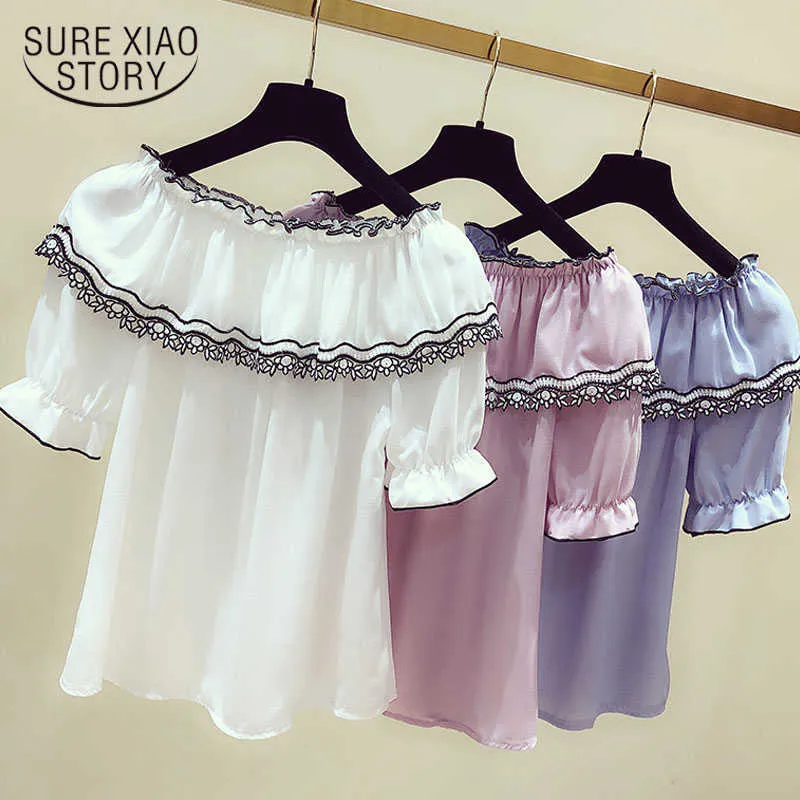 Koreanska mode kläder damer toppar skjorta av kvinnor solid slash neck hajuku vit skjorta blus av axel topp 3510 50 210527