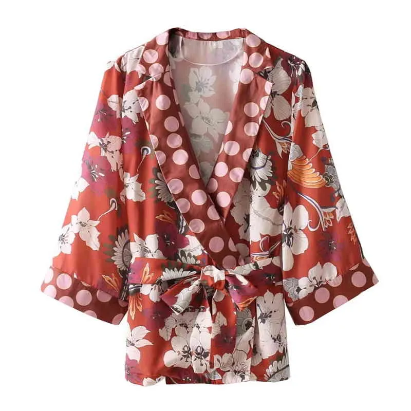 Mode Kvinnor Retro Utskrift Kors Lacing Kimono Style Shirt Three Quarter Sleeve Blus Casual Topps Chemise Femme Blusas S2787 210430