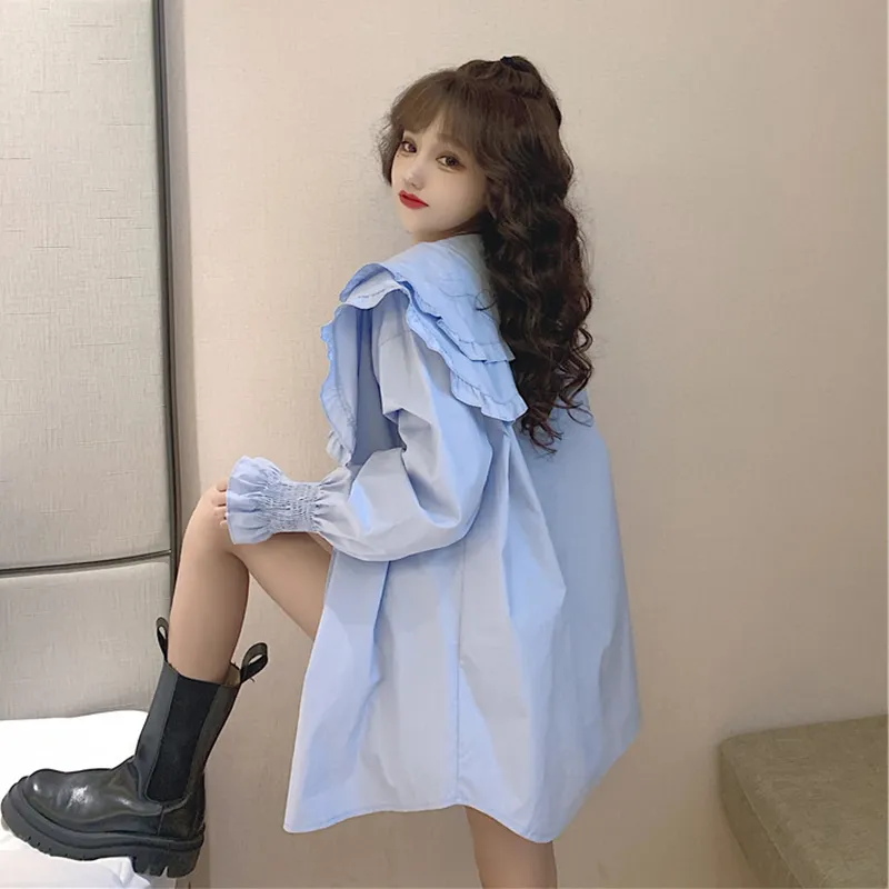 Ruffles Shirts Blus Plus Size Blue Flare Sleeve Tops Peter Pan Collar Vit Student Japan Stil Preppy Blusas Mujer 210429