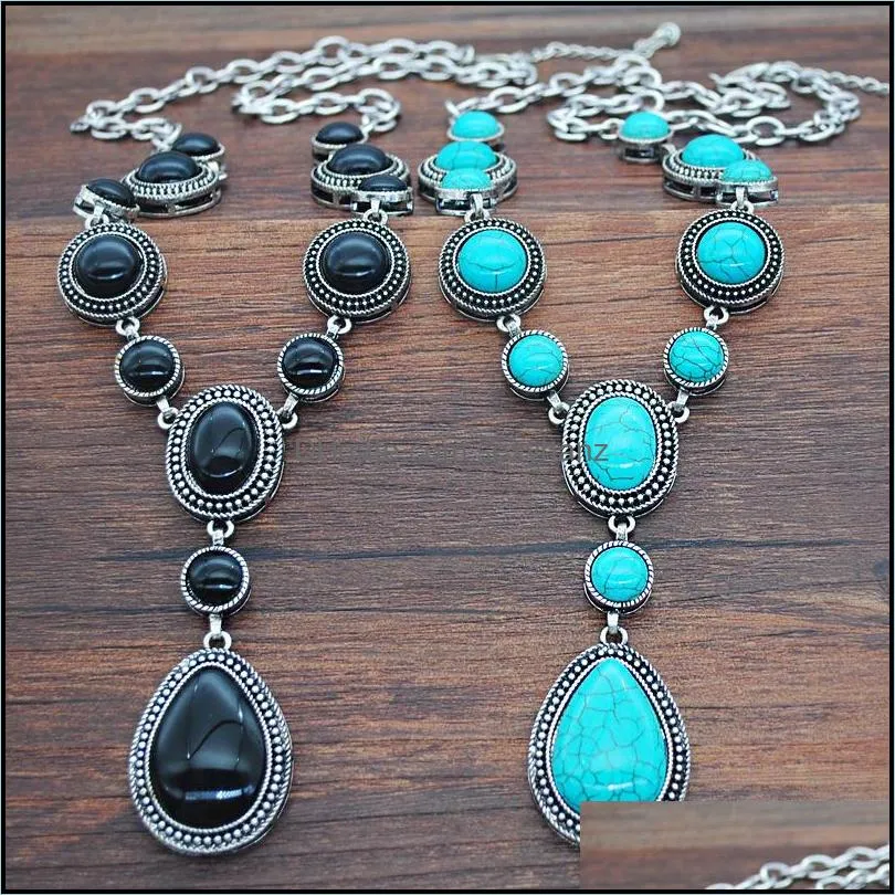 Autumn winter sweater chain turquoise water drop necklace female black stone retro exotic jewelry pendant