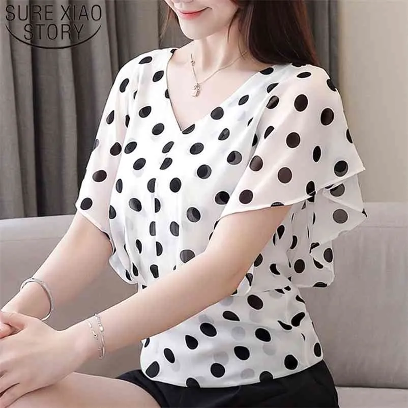 Kore Moda Giyim Bayanlar Beyaz Gömlek Bluz Kısa Ruffles Polka Dot V Yaka Gömlek Şifon Bluz 3097 50 210323