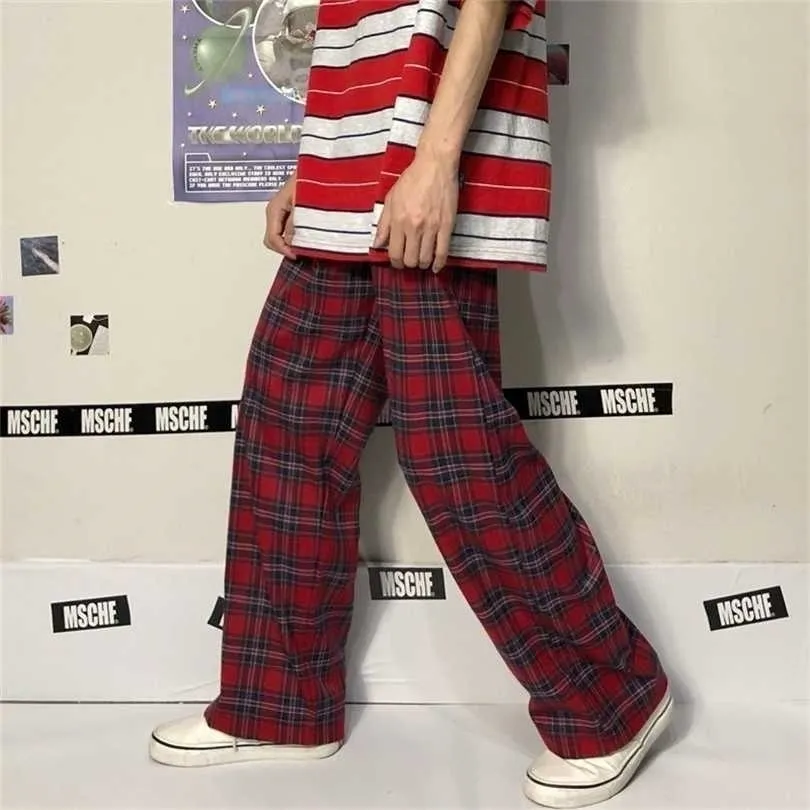 Houzhou Harajuku Red Plaid Pant Gothic Streetwear Checked Broek Koreaanse Mode Oversize Wide Leg Sweatbrood 211124