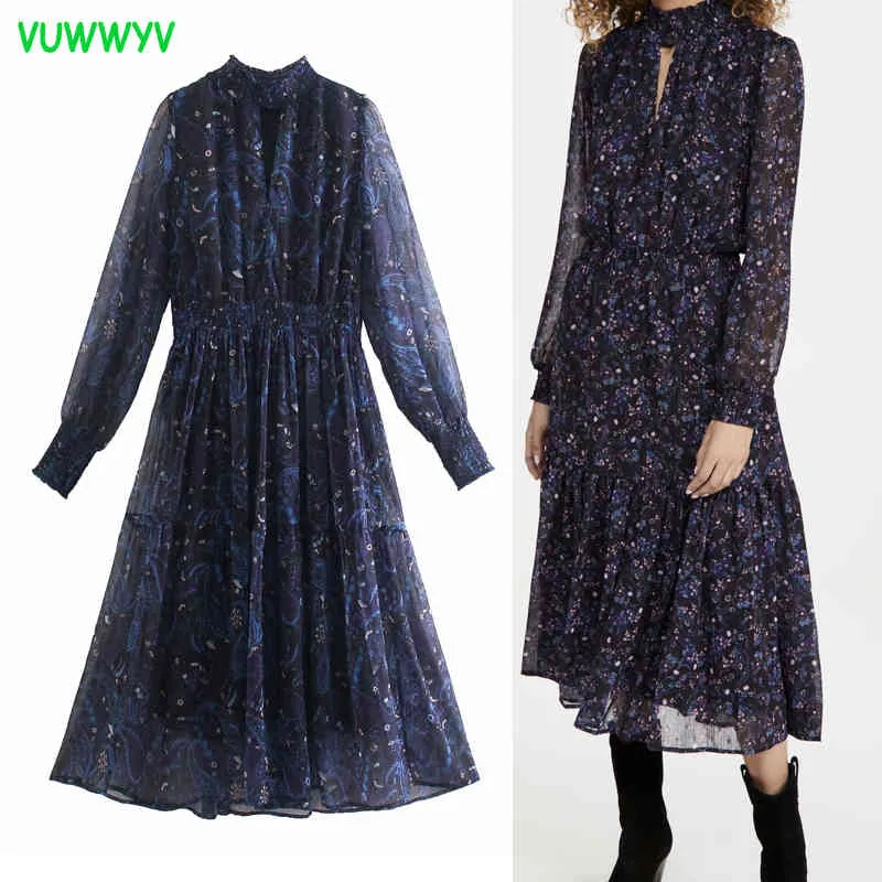 Chiffon Bohemian Print Midi Dress Women Spring Vintage Pleated Woman Long Sleeve Elastic Waist Holiday Vestidos 210430