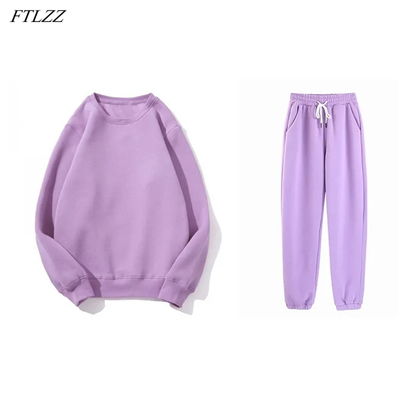 Autumn Winter Women Thick Fleece 100% Cotton Suit 2 Pieces Sets Pink O-neck Sweatshirt and Pants Suits 210430