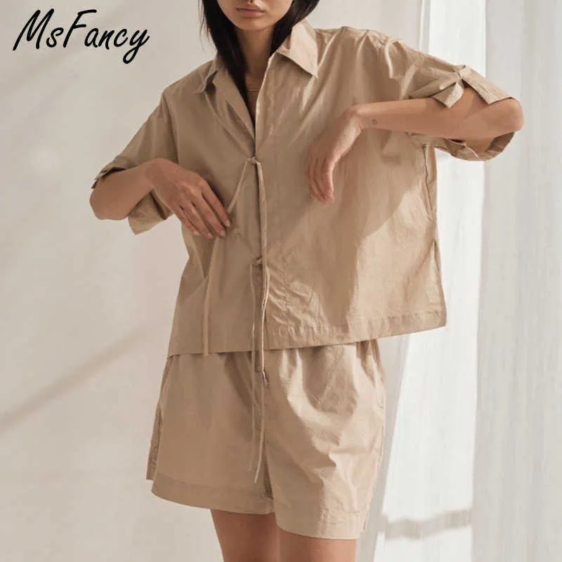 MSFANDY Летние шорты наборы женщин хлопок с коротким рукавом на шнуровке негабаритной рубашки эластичные талии шорты Mujer Harajuru повседневный набор 210604