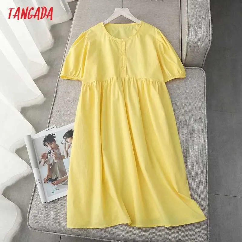 Tangada été femmes jaune lâche coton robe bouffée à manches courtes dames robe mi-longue Vestidos ZE12 210609