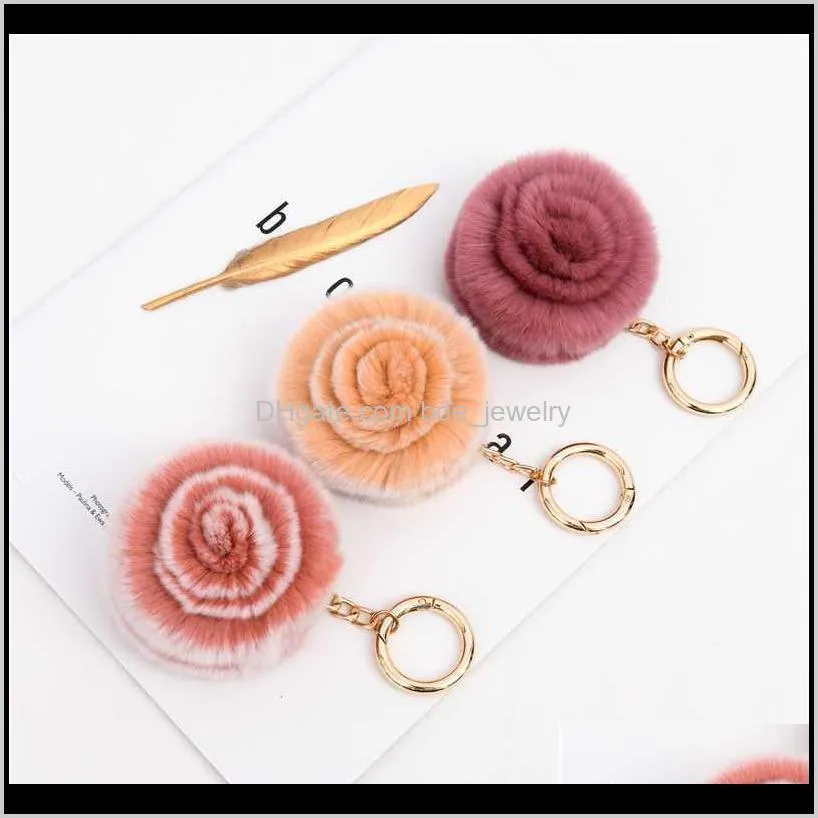 2020 fluffy fur pompom keychain rose flower women bag charm real natural fur balls genuine pom poms key chain
