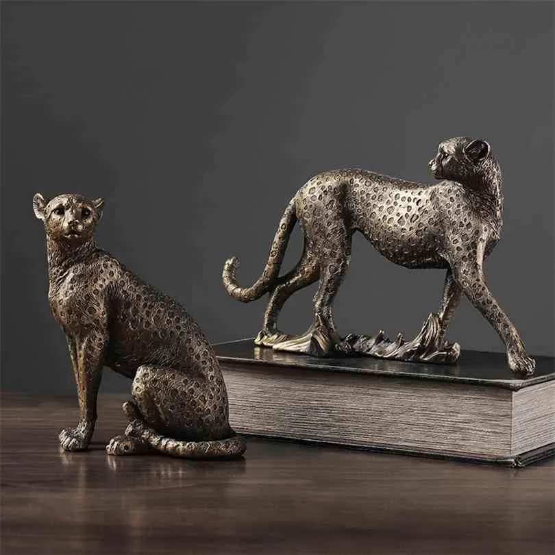 Afrikansk leopardharts Staty Hem Skulptur Djur Modell Skrivbord Ornament Vin Skåp Decor Dekoration Art Collection 210827