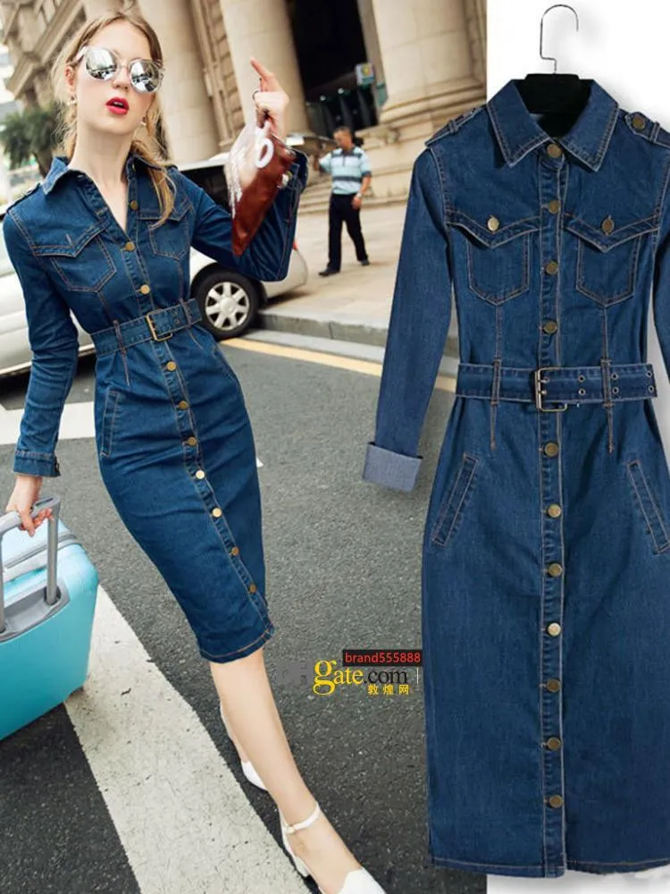 Sıradan elbise kot elbise denim winte ofis ince jeanslong kollu orta manşet ile kemer için kemer longdress kadın