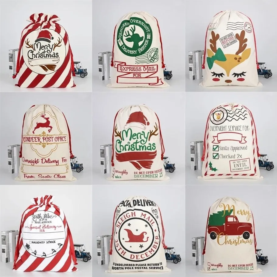 2022 bolsa de presente de natal saco saco de batedeira santa saco de doces de armazenamento de algodão de algodão grande decoração de festa de brinquedo para crianças