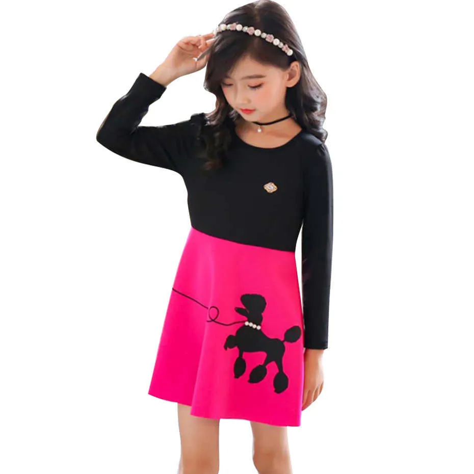 Dziewczyny Sukienka Cartoon Wzór Casual Style Dla Dzieci Patchwork Dzieci Kostium 6 8 10 12 14 210528