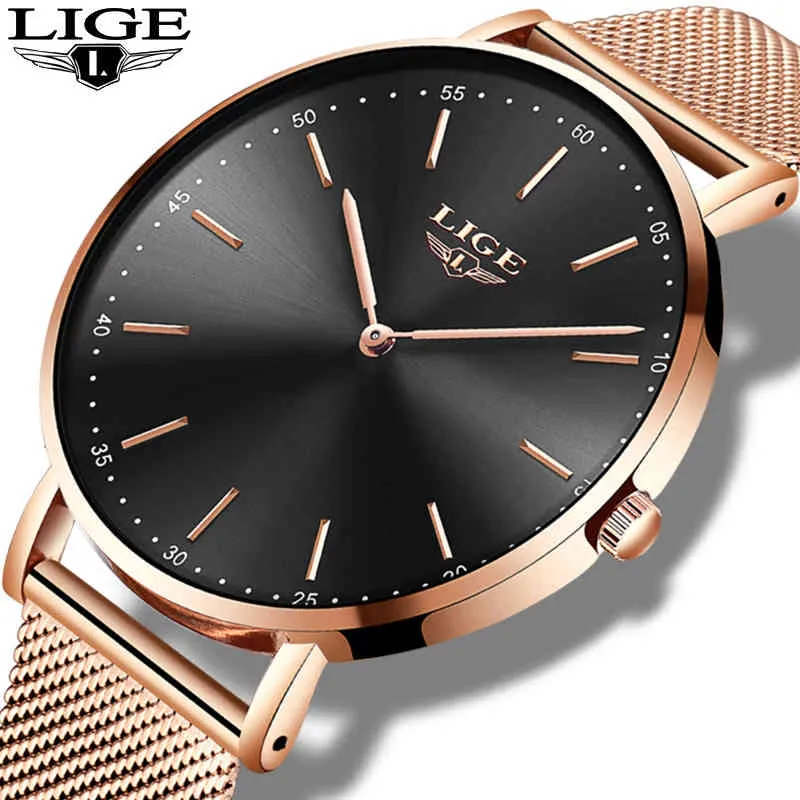 Women Watches LIGE Top Brand Luxury Ladies Fashion Casual All Steel Ultra-Thin Mesh Belt Quartz Clock Relogio Feminino+Box 210517