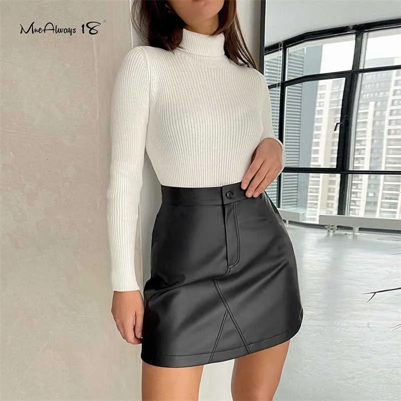 Mnealways18 Vintage Leather Women Skirts Bodycon High Waist A-Line Skirt Button Fashion Work Winter Ladies Short Skirts Zipper 211120