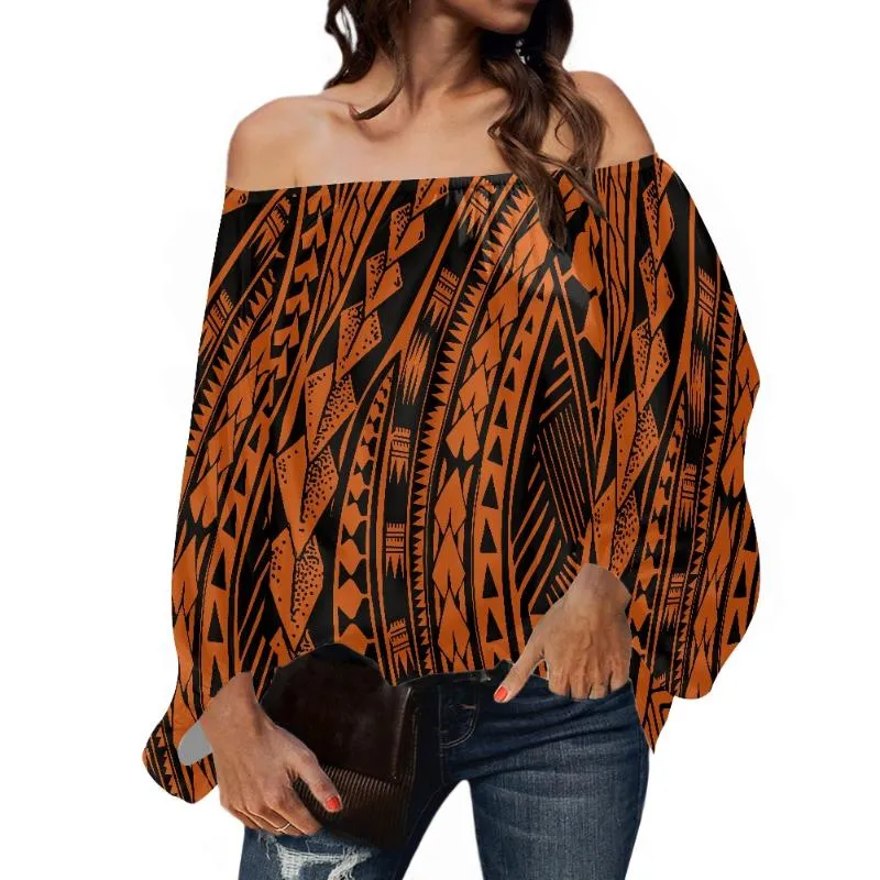 Damskie Bluzki Koszule Hycool Brown Plus Size Off Ramię Top Polinezyjski Samoan Tribal Print Długi Rękaw Damskie Topy i Puff Women