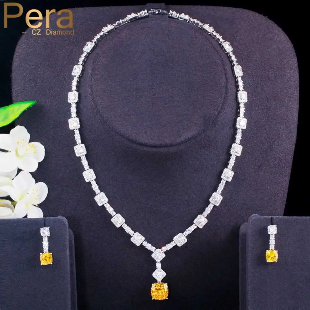 Pera Shiny Yellow Cubic Cyrkonia Dangle Kwadratowy Naszyjnik Kolczyki Zestawy Biżuterii Dla Panie Moda Wedding Party Marka Design J407 H1022