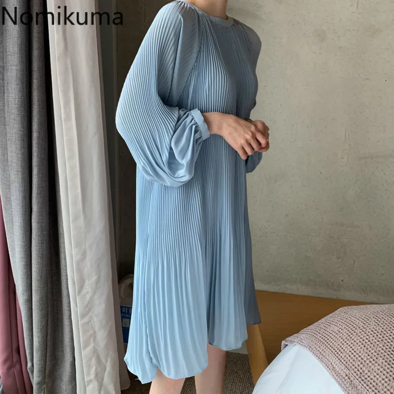 Nomikuma Koreański Dorywczo Z Długim Rękawem Niebieska Sukienka Kobiety Solidna Kolor O Neck Plised Sukienki Damskie Vestidos Ropa Mujer 3A964 210514