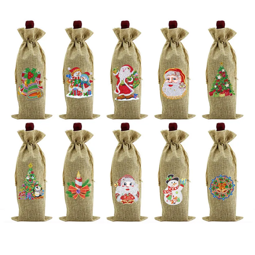 DIY Linen Burlap Wine Bags Diamond Christmas Wines Gift Bag Bottle With Drawstring Tag Rope Reusable Merry Xmas Wine Bottles Covers For Storage HH21-841