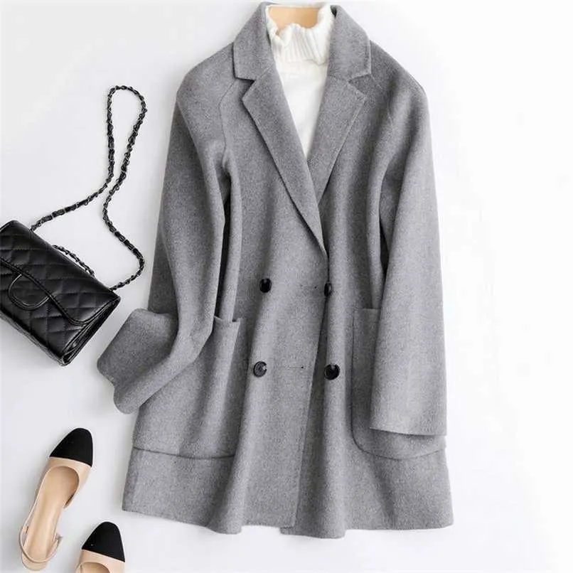 Women Midi Length Coat Turn Down Collar Drouble Button Design 100% Wool Women Gray Black Autumn Woolen Coat Casaco Feminino 211130