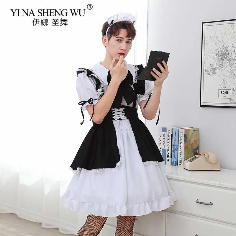 Tenue de femme de chambre pour hommes Robe longue Anime Robe tablier noir et blanc Robes Lolita Cosplay Costume Serveuse Maid Party Costumes de scène Y0903