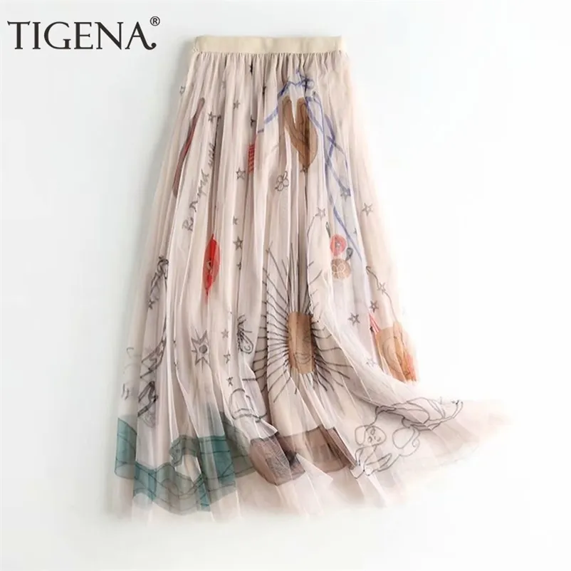 TIGENA 90cm Maxi Tulle Jupe Femmes Style Coréen Mode Belle Impression Une Ligne Taille Haute Plissée Longue Femme Rose Noir 210621