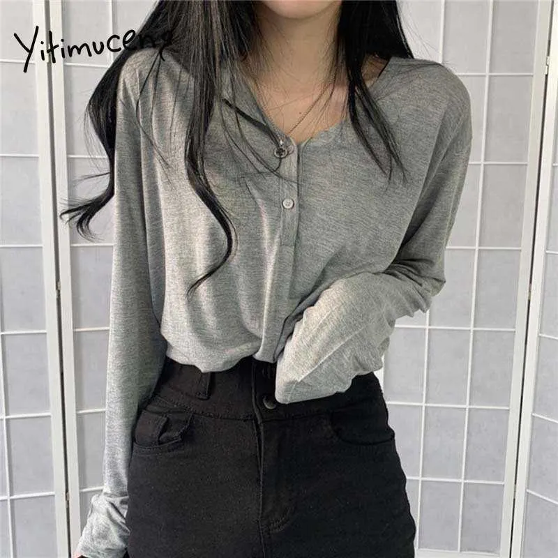 Yitimuceng Button Up T Shirts Woman Straight Loose Long Sleeve Tees Gray White Black Khaki Tops Summer Fashion Tshirts 210601