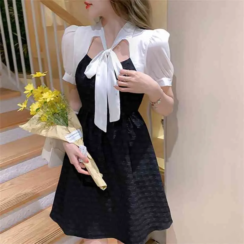 Été élégant patchwork blanc bowknot robe pour femmes manches bouffantes noir mini robes femme 210519