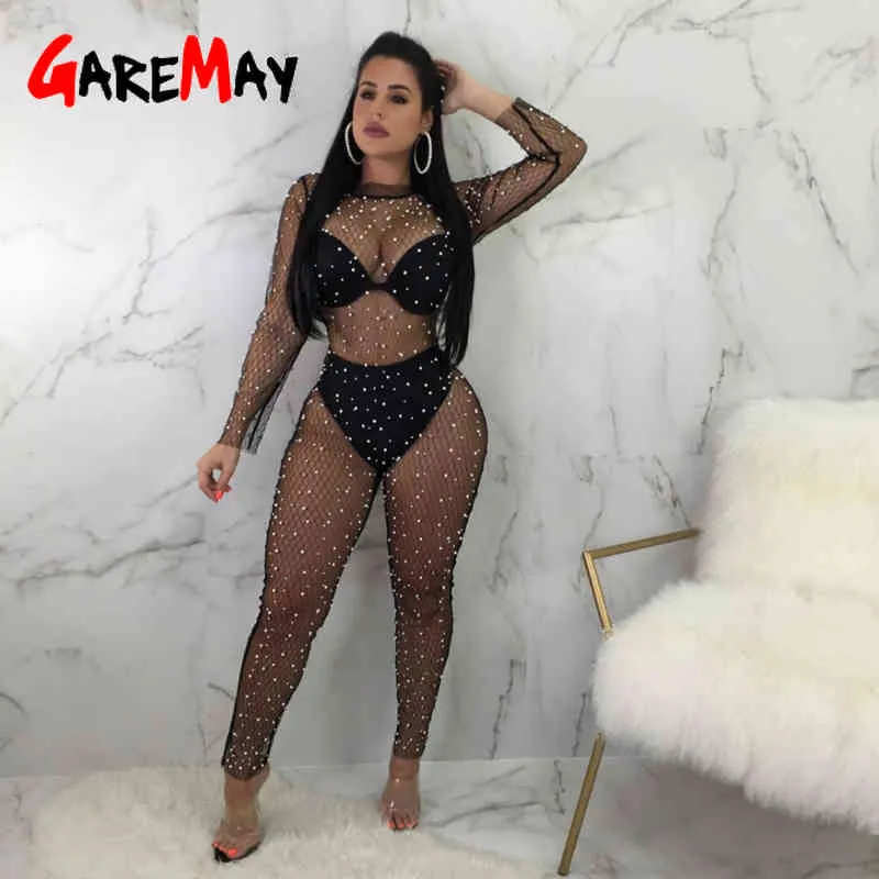 Kristal Elmas Siyah Tulum Kadınlar Oymak Şeffaf Gevşek Uzun Fishnet Bodysuit Seksi İnciler Patchwork Tulumlar 210428