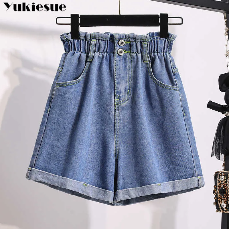 Sommar hög midja denim shorts kvinnor casual lösa damer mode rulla upp Hem elastisk midja jeans kvinnlig plus storlek S-5XL 210611