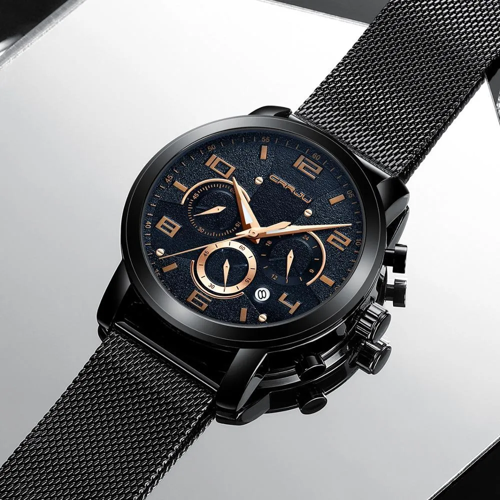 CrRju Zegarki Mężczyźni Business Casual Quartz Wrist Watch Męskie Czarna Duża Twarz Wodoodporna Kalendarz Mesh Zespół Zegarek Reloj Hombre 210517