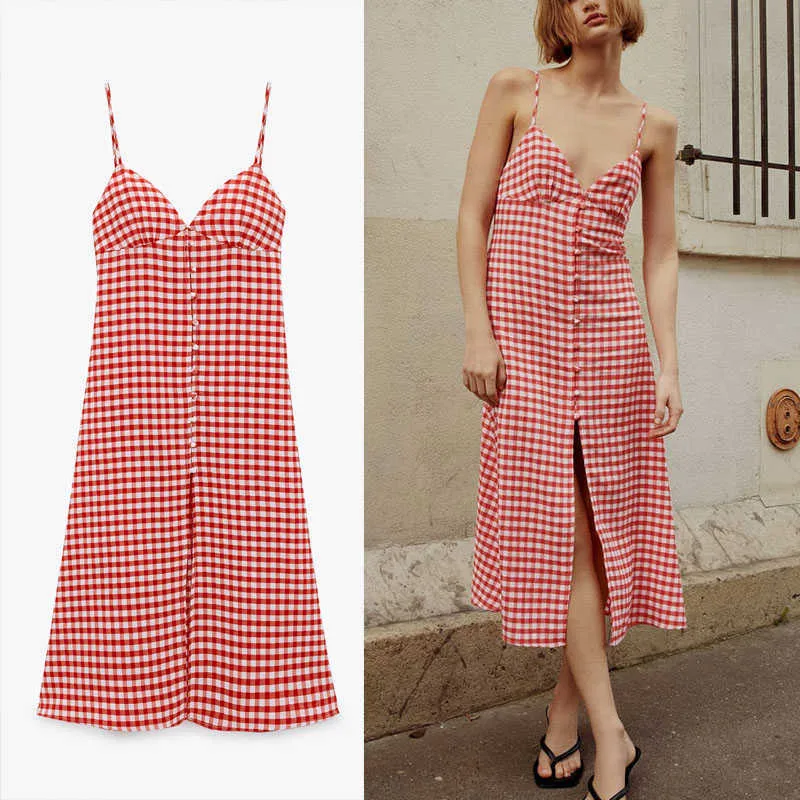 ZA strappy gingham الصيف اللباس المرأة منقوشة أكمام عارية الذراعين مثير حزب فساتين امرأة السباغيتي الأشرطة مصغرة اللباس الأحمر 210602