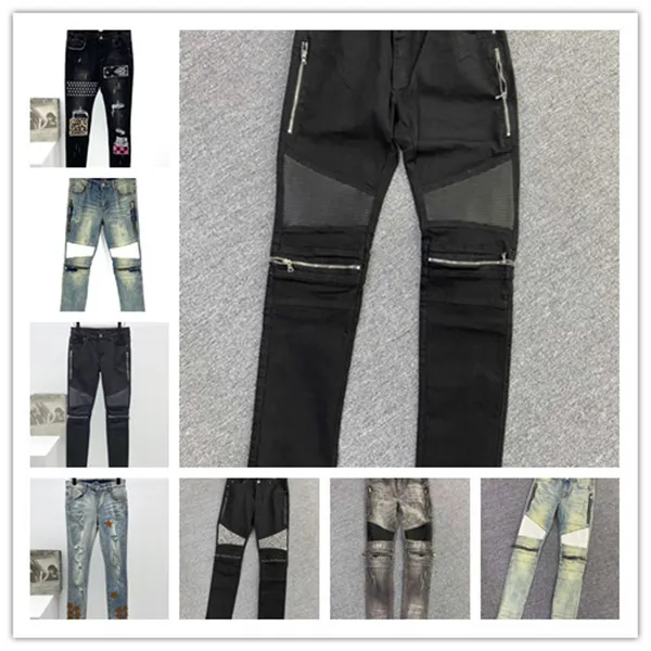 Mens designer jeans flera stilar män denim diamant dekoration broderi orm vintage byxor mode slim-ben hål motorcykel biker jean storlek 29-38