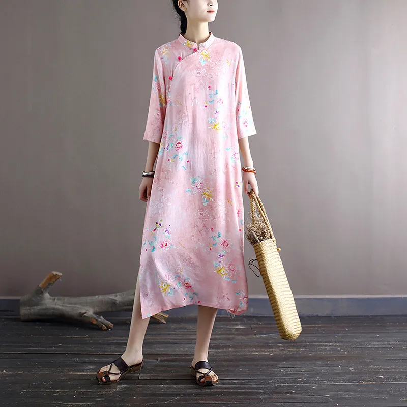 Johnature Women Vintage Stand Abiti Stampa floreale in cotone e lino Cheongsam Summer Seven Sleeve A-Line Abiti donna 210521