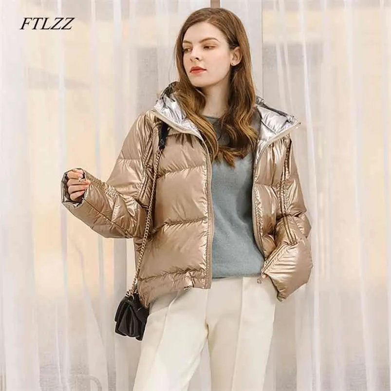 Silver Golden Duck Down Jacket Vinter Kvinnor Vattentät Zipper OuterWear Lady Loose Hooded Parkas Short Coat 210430