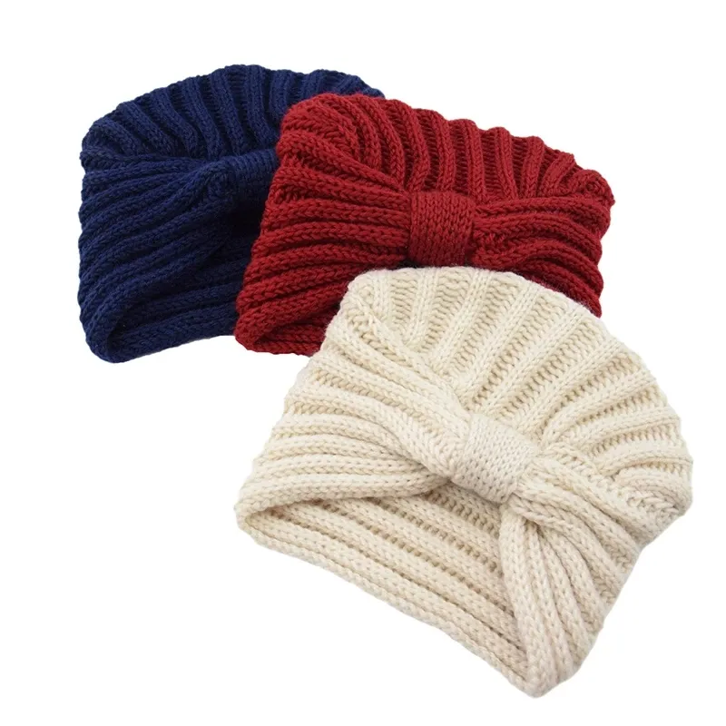 Autumn Winter Warm Knitted Hat Women Fashionable Bowknot Turban Cap Solid Color Woolen Striped Knit Bow Baotou Caps