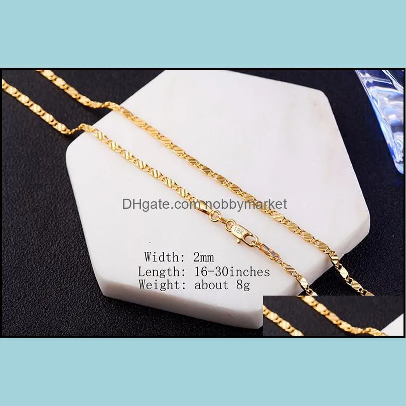 2MM 18k Gold Chains Necklace Fashion women`s choker necklaces For Ladies Luxury Jewelry 16 18 20 22 24 26 28 30 inches