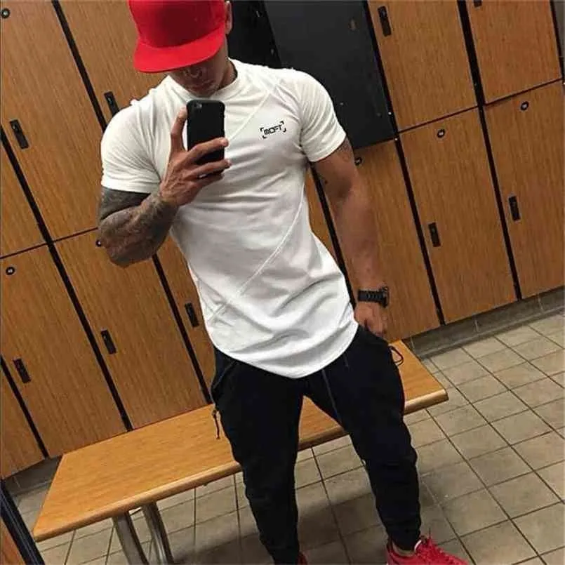 Märke Kläder Tight Bomull + Mesh T-shirt Mens Fitness T Shirt Homme Gym Tee Te Shirt Män Sommar Bodybuilding Tshirt 210716