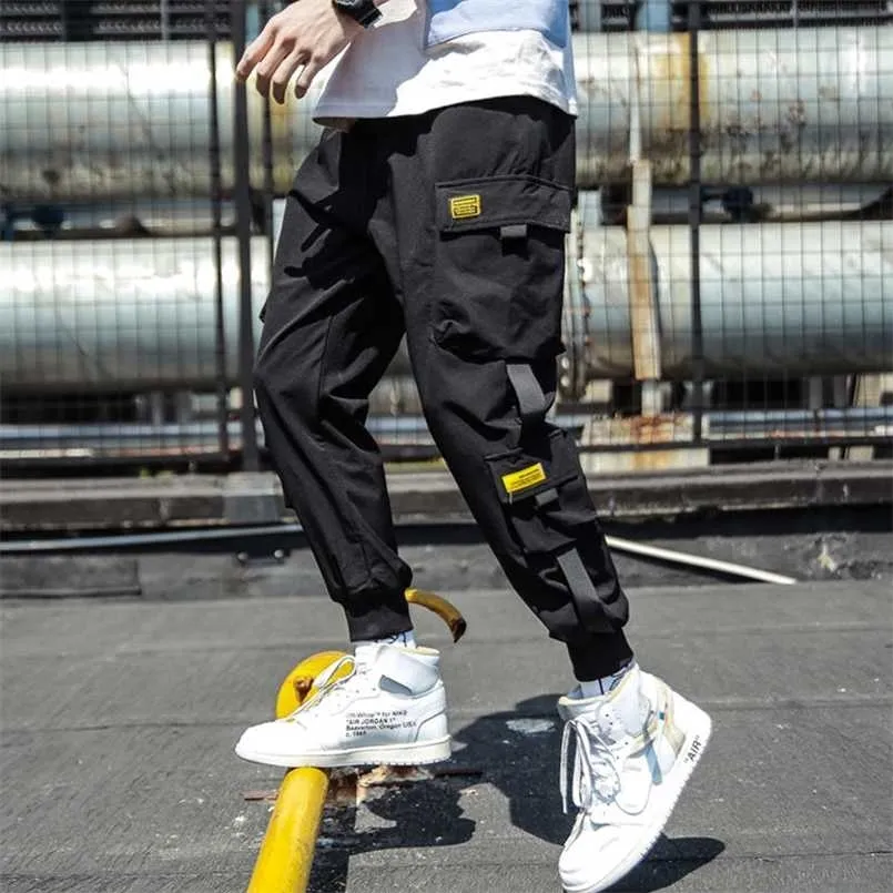 Spring Hip Hop Joggers Mężczyźni Czarny Harem Spodnie Multi Kieszonkowe Wstążki Człowiek Spodnie Dresy Streetwear Casual Męskie Spodnie M-3XL 211201