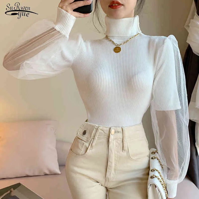 Moda Swetryko Jumper Dzianiny Sweter Kobiety Biuro Lady Puff Sleeve Siatki Swetry Turtleneck Kobiece Odzież 12745 210508