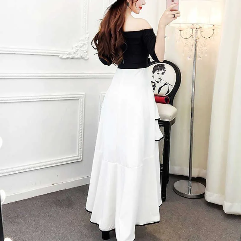 Perhaps U Black and Patchwork Bow Strapless Off-Shoulder Maxi Dress with Cascading Ruffle and Half Sleeves - Elegant and Long (D0537 210529)
