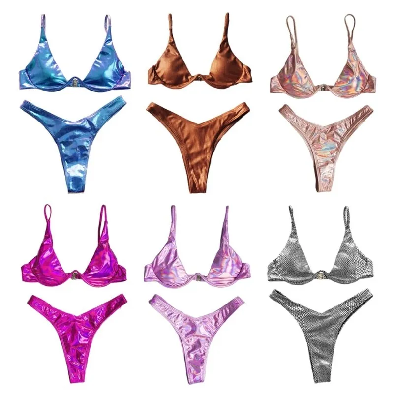 Kvinnor sommar sexig brasiliansk bikini set holografisk glänsande metallisk baddräkt push up vadderad underwire triangel baddräkt beachw 210629