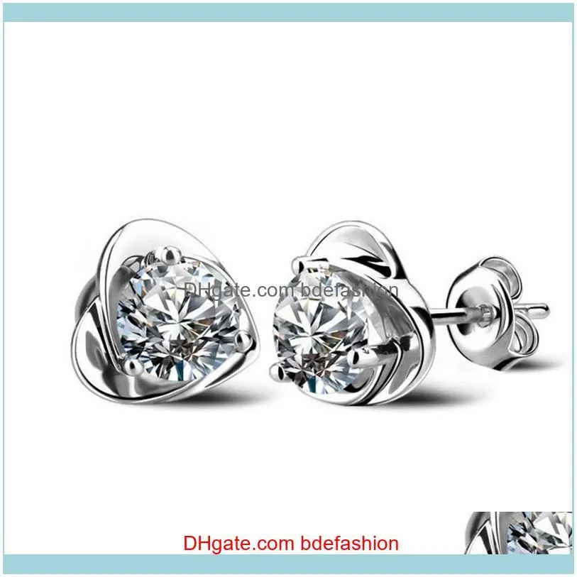 925 Sterling Silver Heart Shaped Stud Earrings CZ Zircon Crystal Flower Stud Earrings for Women Wedding Ear Stud Earring KY