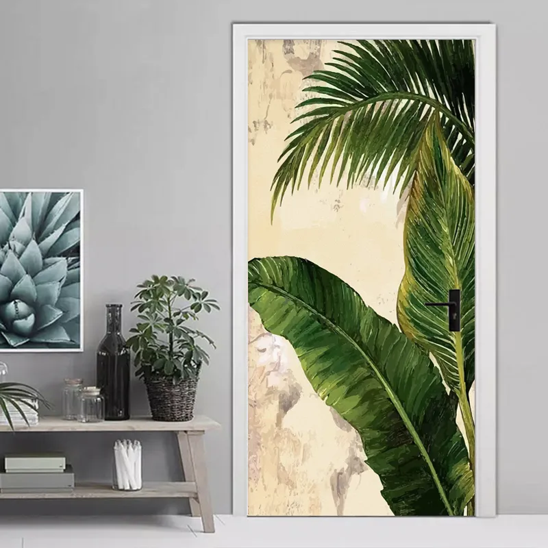 3D PORTA Etiqueta Tropical Planta Verde Banana Folhas Foto de tela para sala de estar Quarto porta decoração PVC auto adesivo adesivos 210317