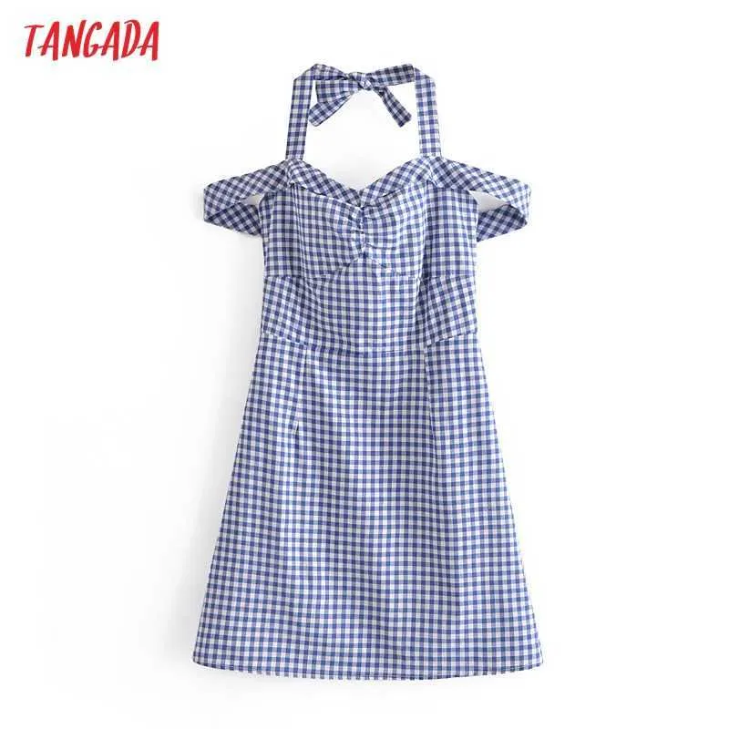 Tangada Moda Kobiety Błękitna Plaid Drukuj Halter Dress Bez Rękawów Backless Female Casual Dress 6M30 210609