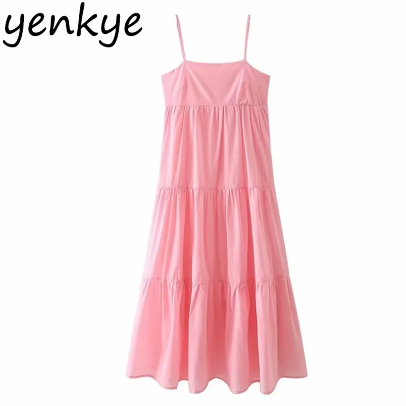 Sommar kvinnor tiered rosa sling klänning kvinnlig sexig ärmlös en linje casual party långa klänningar bomull vestido 210514
